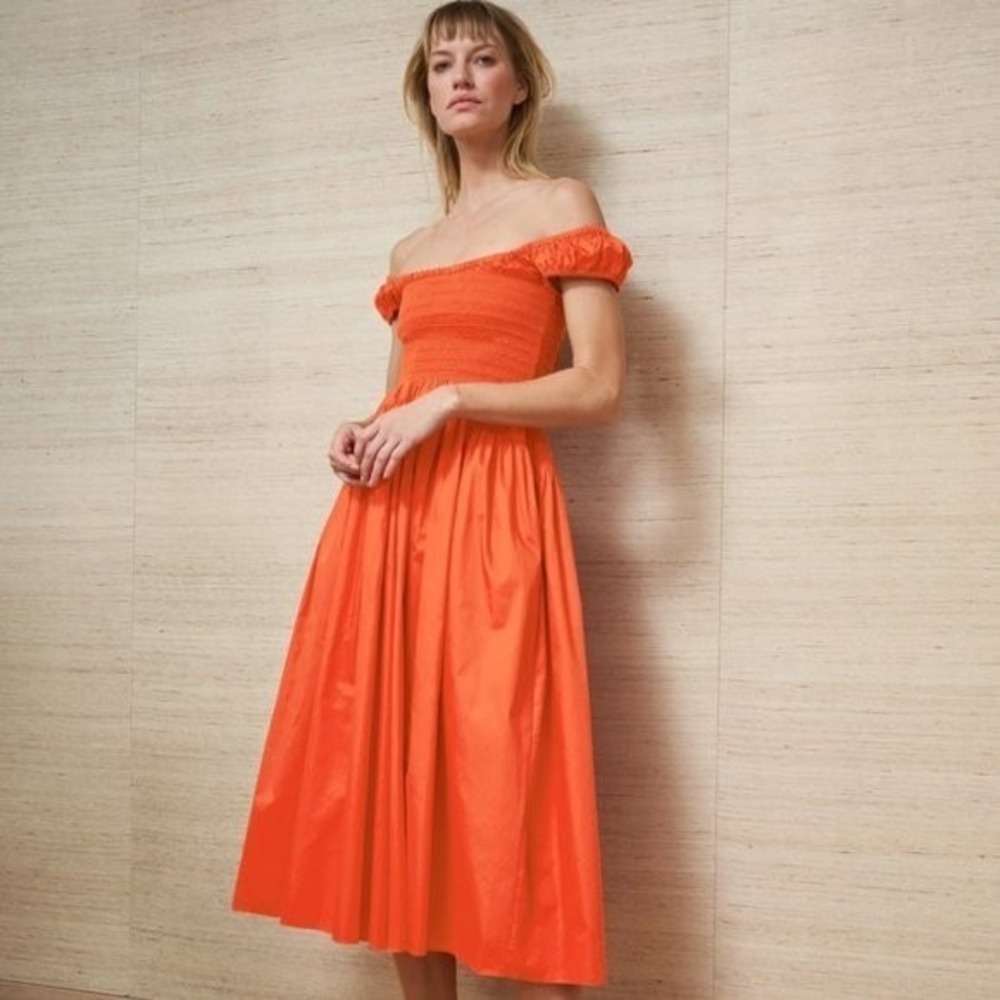 La Ligne Vivian Orange Smocked Cap Sleeve Midi Dress Size Small